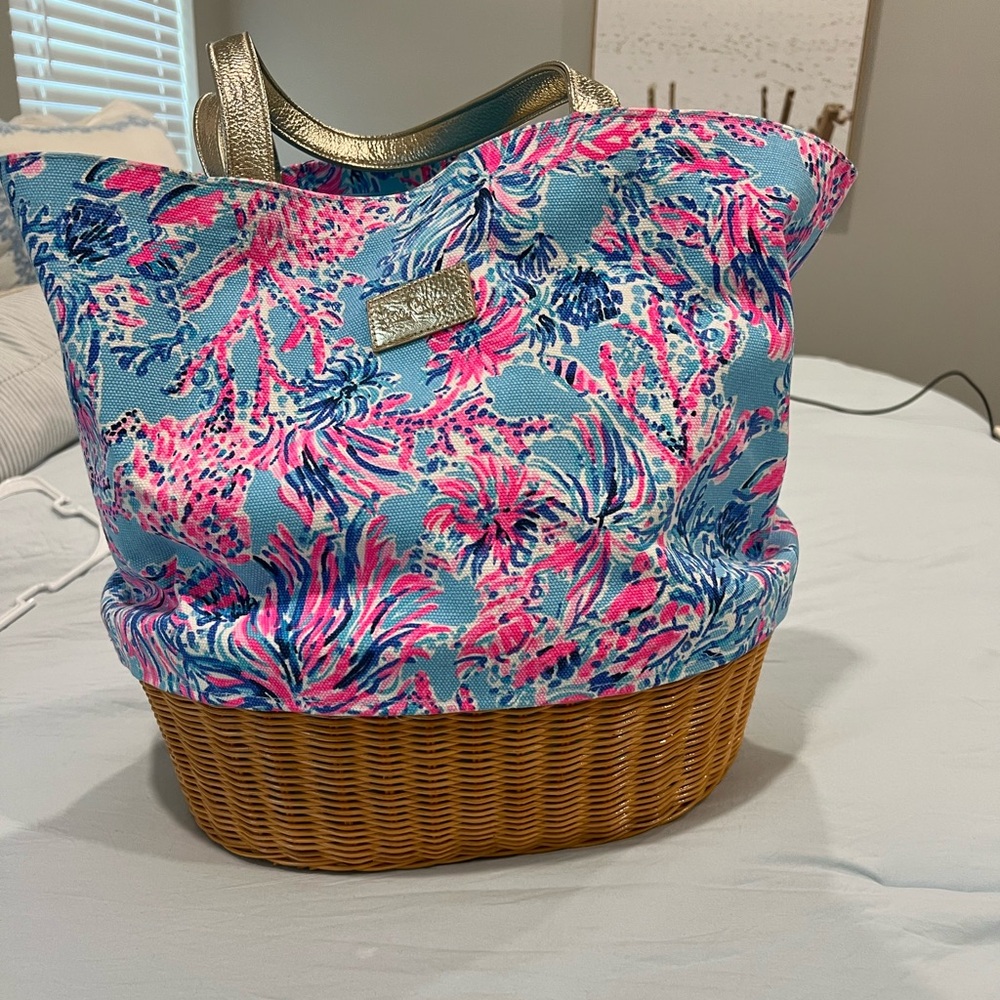 Lilly Pulitzer Wicker and Canvas Tote NWOT